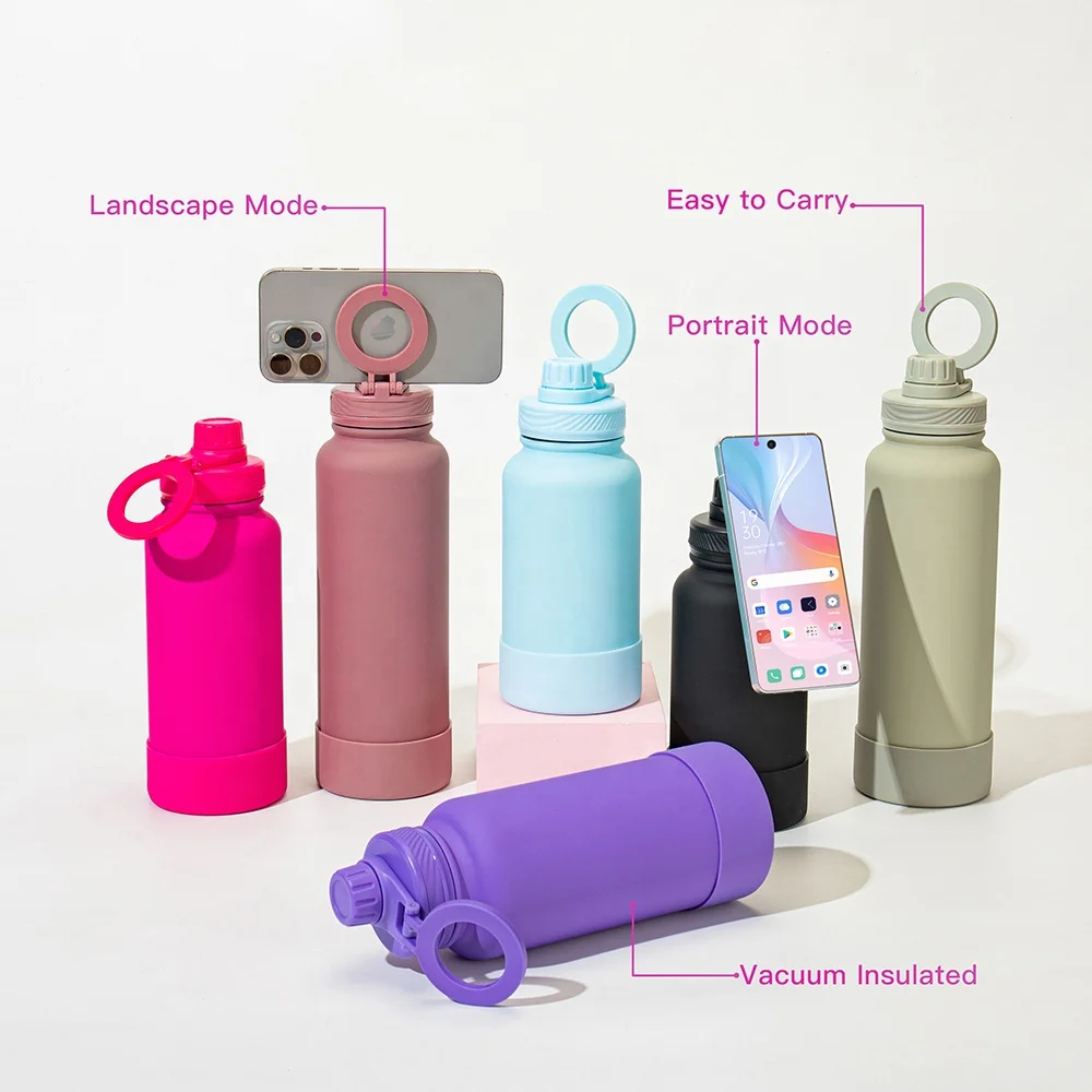 Custom 22Oz 32Oz Vacuum Adjustable Magnetic Lid Water Bottle With Phone Holder Magnet For Water Bottle Metal Ring