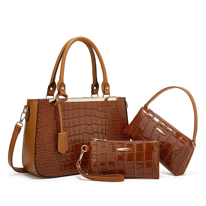 2023 New Fashion Wholesale Women Handbag Ladies Crocodile Leather 3pcs Purse And Handbags Set Luxury Bag