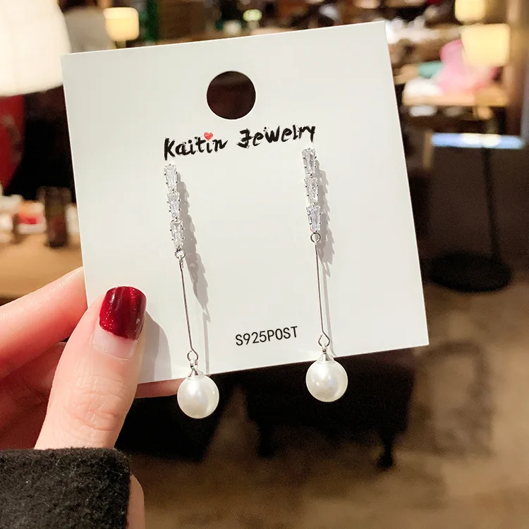  Jewelry 925 silver needle pearl long earrings female temperament celebrity Zircon Earrings simple