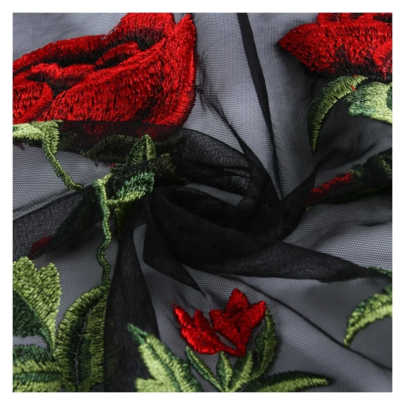 Tulle Embroidered Fabric for Dresses Most Popular Rose Design Cheap Mesh Lace Mesh with Double Border Embroidery Fashion 1 Yards