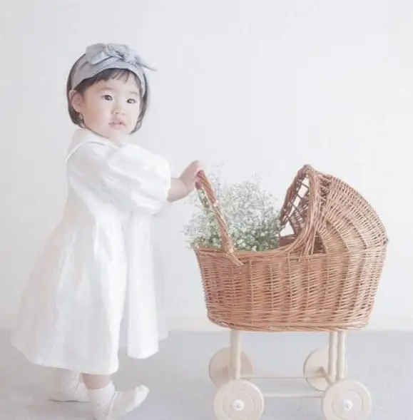 2023 new arrivals cotton hemp bubble 7/4 sleeve Sen casual out navy collar dress