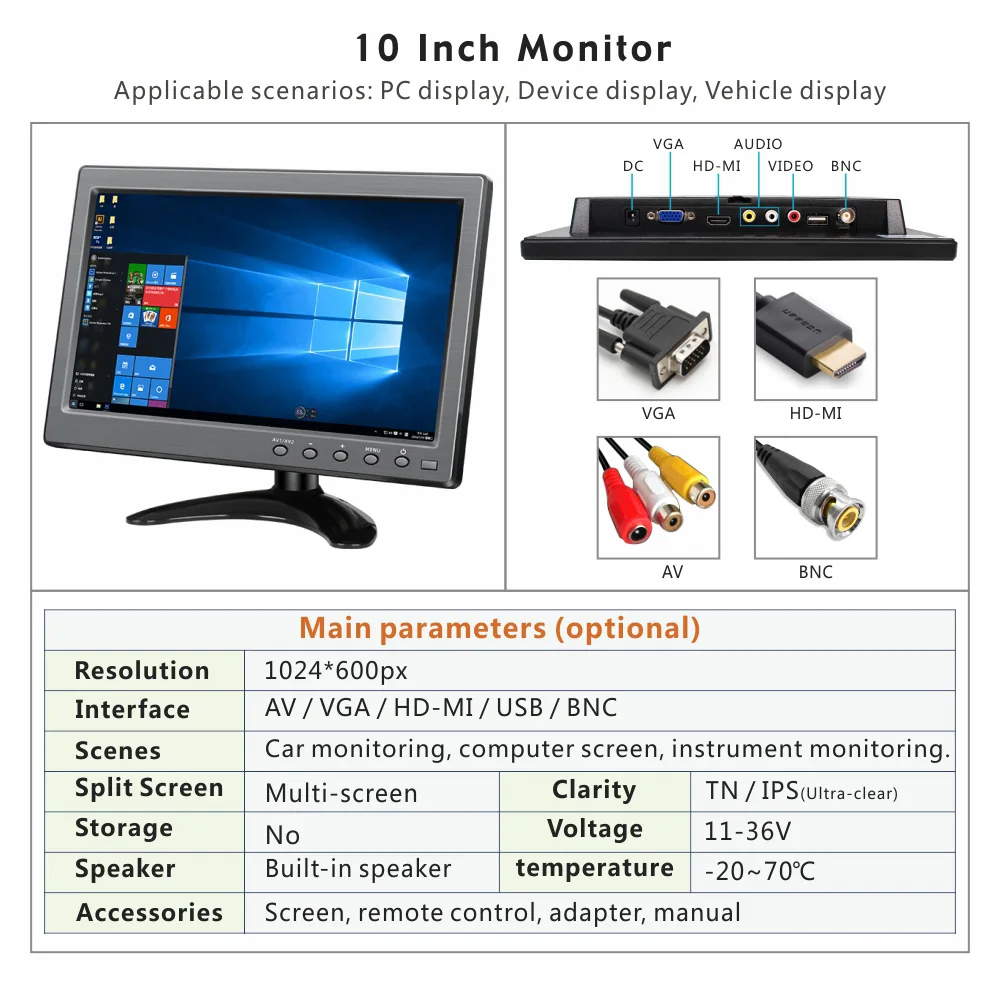 Portable Speaker LCD Screen Small Size 10 Inch LED Desktop Computer Monitor BNC Car TV Widescreen 10.1inch VGA HD-MI Monitor