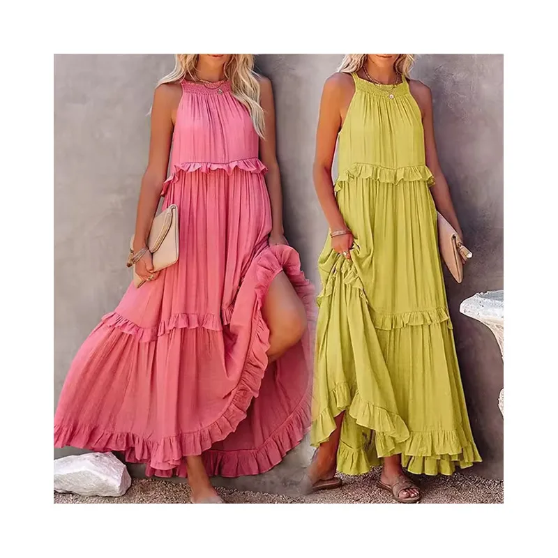 Best Selling Products Casual Summer Beach Sundress Women Halter Pockets Ruffle Long Maxi Cotton Linen Boho Dress