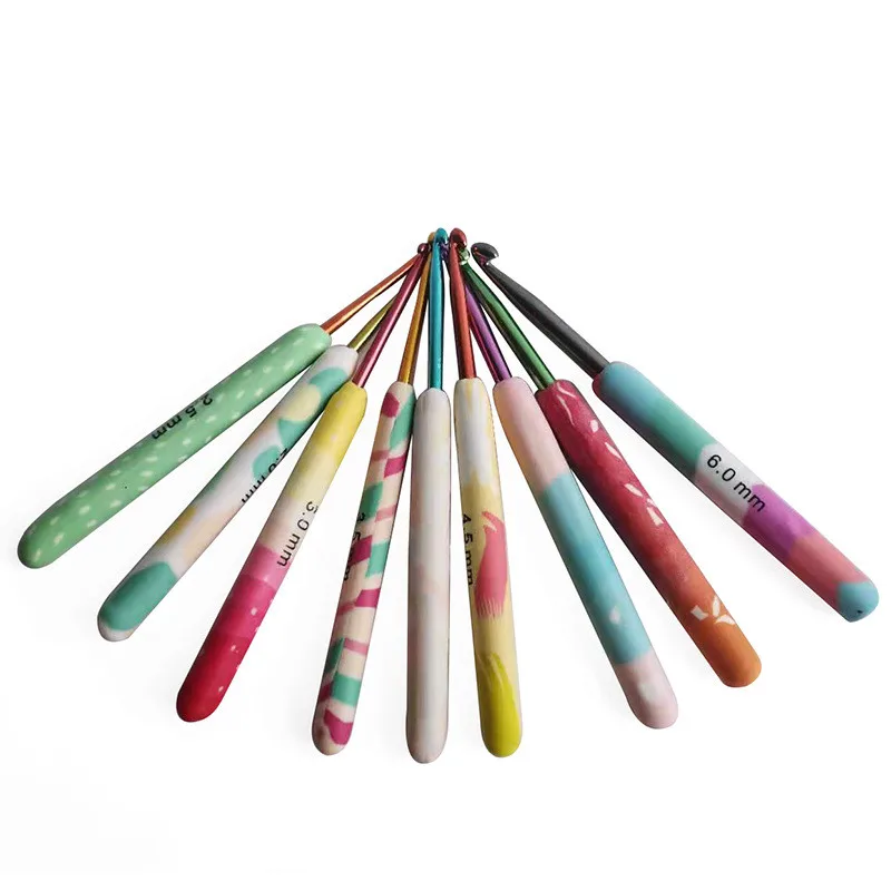 Factory Hot Selling Knitting Tools Sweater Needles Soft Pottery Handle Colorful Crochet 9pcs set (1600409987949)