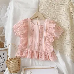 LM8221Q summer new girl lace shirt female baby round neck short sleeve blouse doll collar shirt top