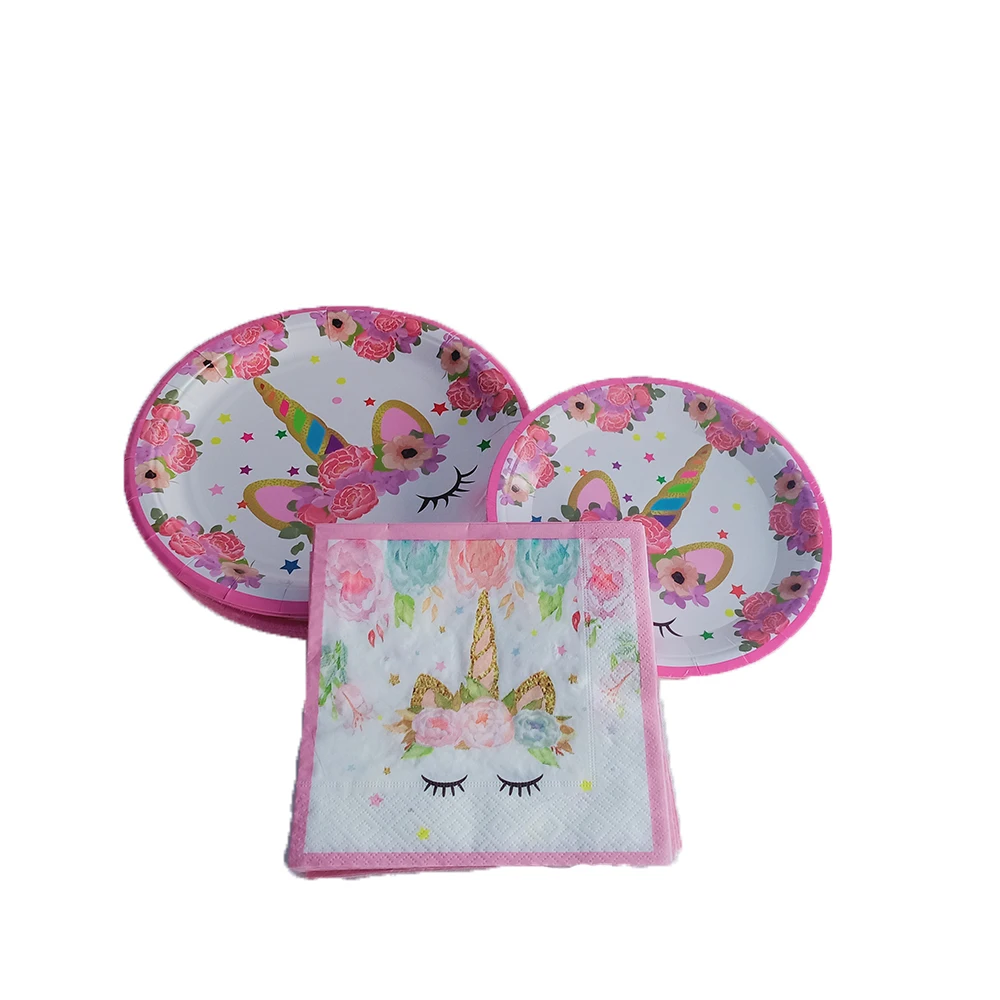 Magical  Unicorn Party decorations Supplies Serve Happy Birthday Banner Hats Plates Table Cloth