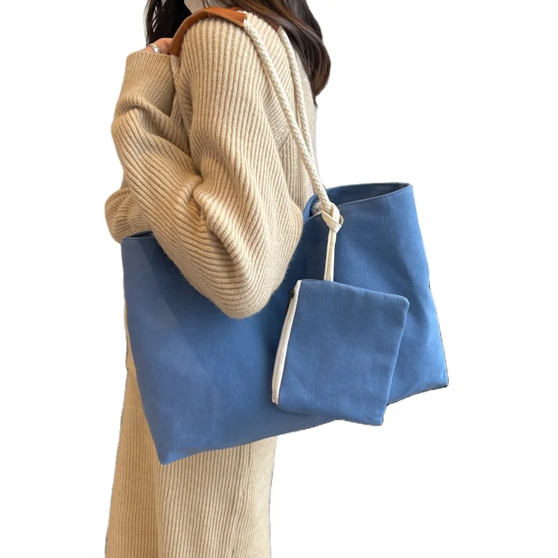 Customized Large Capacity 2Pcs In 1 Set Retro Ladies Shoulder Underarm Bag Canvas Shopping Tote Bag Women Handbag Set With Purse