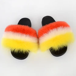 2021 Fashion style Summer Adult Child Mommy and baby Fur Slides Multi-color Furry rainbow Slippers