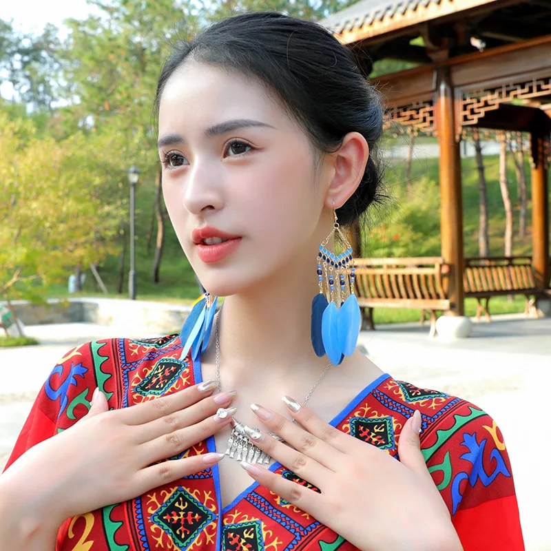 Ethnic Jewelry Colorful Enamel Seed Bead Dangle Earrings Long Tassel Feather Earrings for Women