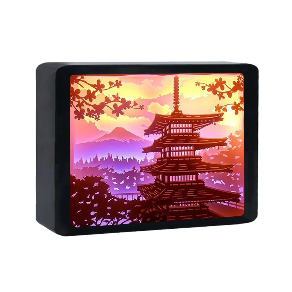 2025 Hot Sale Japanese Pagoda Landscape 3D Paper Carving Lamp  Box Holiday Gift Decorative Lamp