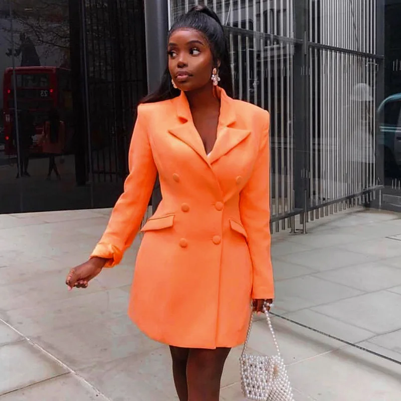 Solid long sleeve slim blazer dress autumn winter women fashion pure orange streetwear outfits windbreak coats for women 2021