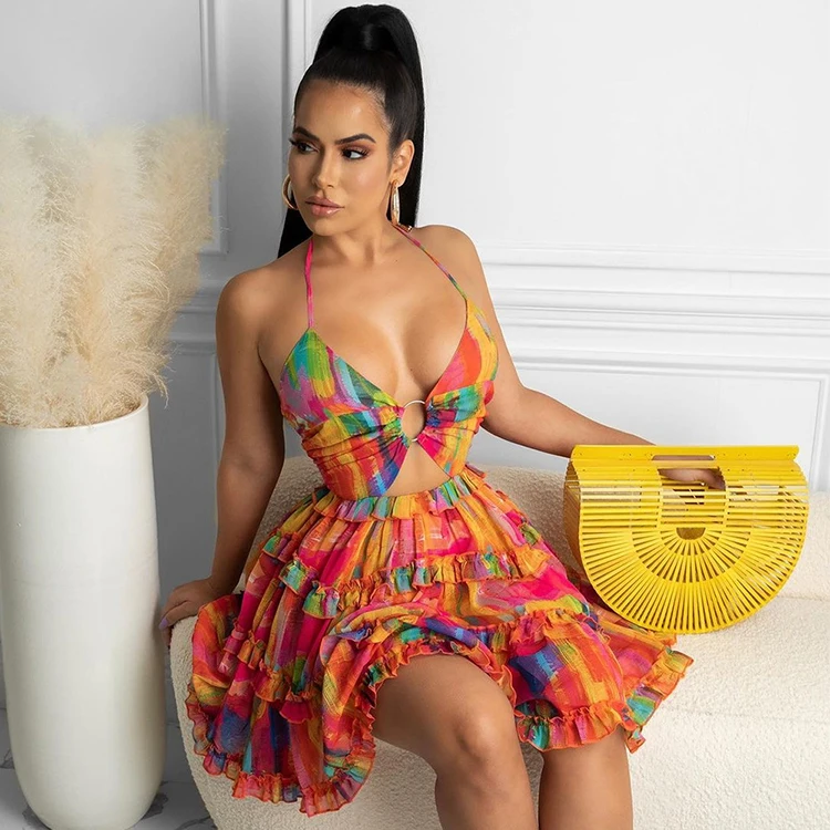 
Woman Clothes 2021 Trending Alluring Multicolored Tie-Wrap Backless Halter Top Neck A Line Dress Summer Party Women Dresses 