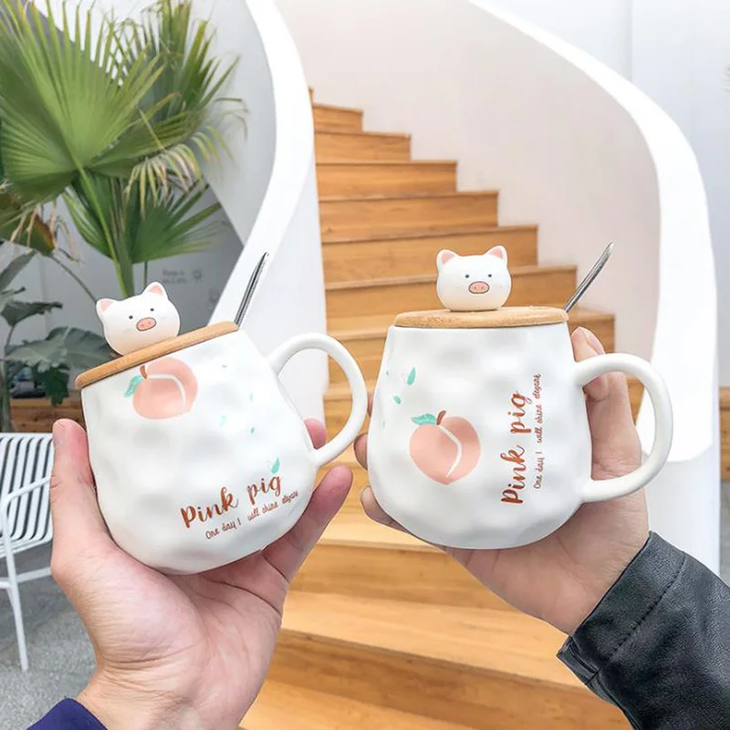 400ml Action Figure Cartoon Radish Rabbit Pig Ceramic Mug With Lid And Spoon Kawaii Milk Coffee Tea Cup