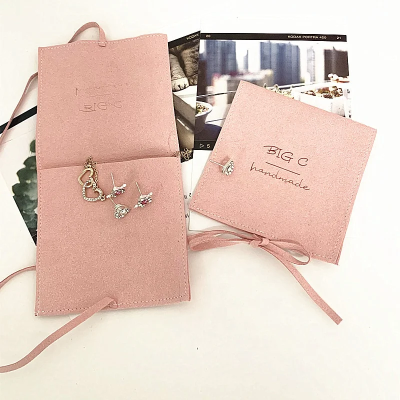 
Personalised Custom Logo Printed Small Envelope Flap Pouch Luxury Suede Necklace Jewelry Bag With Bow Knot 