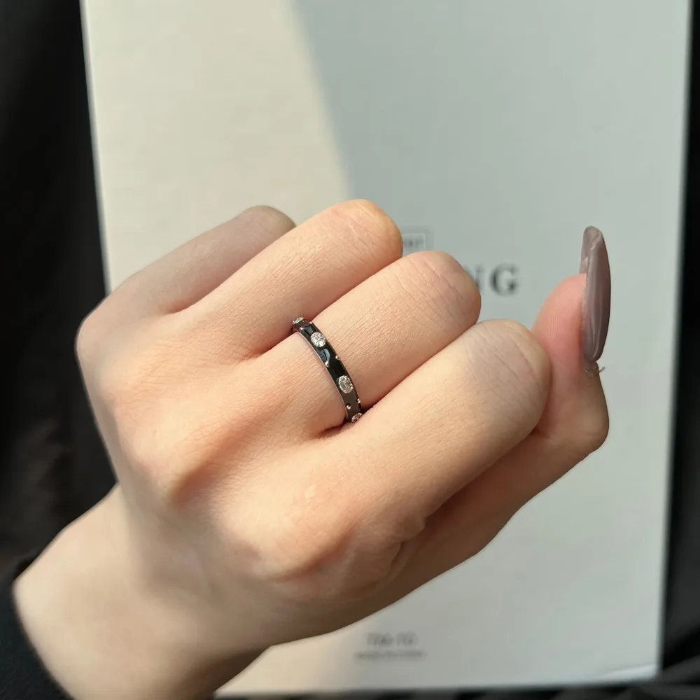 Dylam Stylish 925 Sterling Silver Non Tarnish Rhodium Plated 5A Zirconia Jewelry Black Enamel Diamond Jewellery Rings for Women