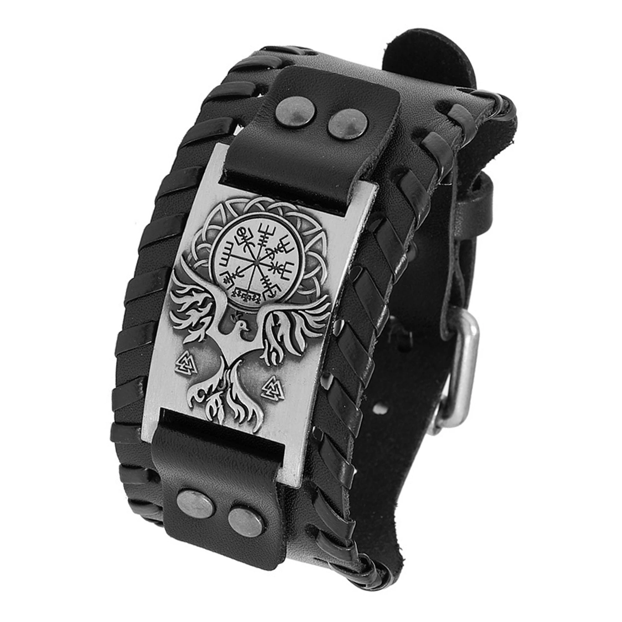 Viking Nordic Rune Compass God Bird -Metal Buckle Wide Genuine Real Leather Cuff Bracelet for women men
