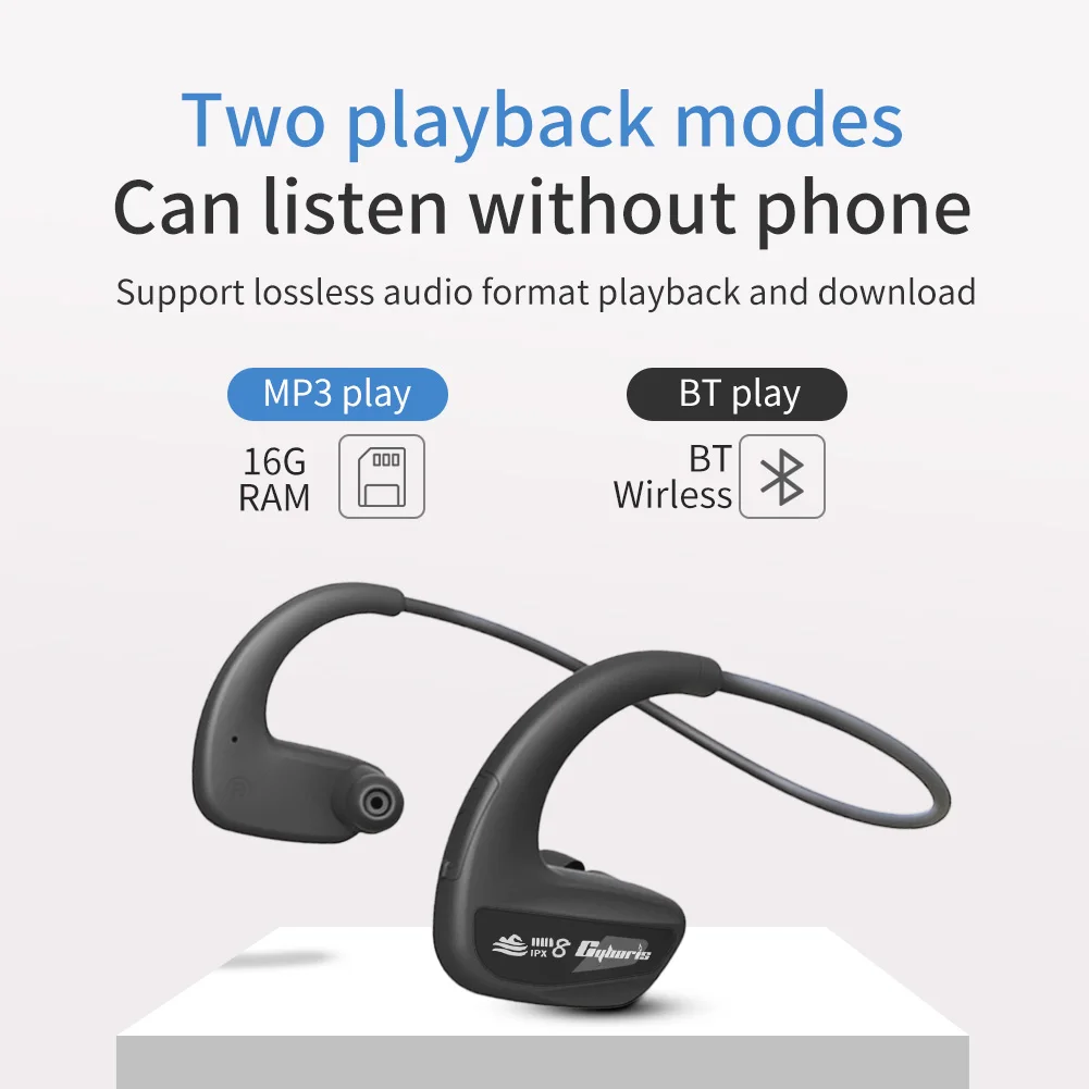 IPX8 Waterproof Wireless Headset,  Built in 32GB Flash Memory Mp3 Player Headphone for Swimming Skiing Running Cycling Climbing