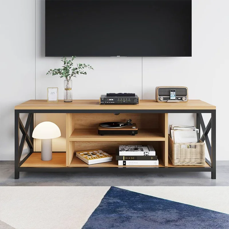 Retro Home Media Entertainment Center 6 Storage Shelves Industrial Living Room Modern 55 Inch TV Console Cabinet TV Stand Table