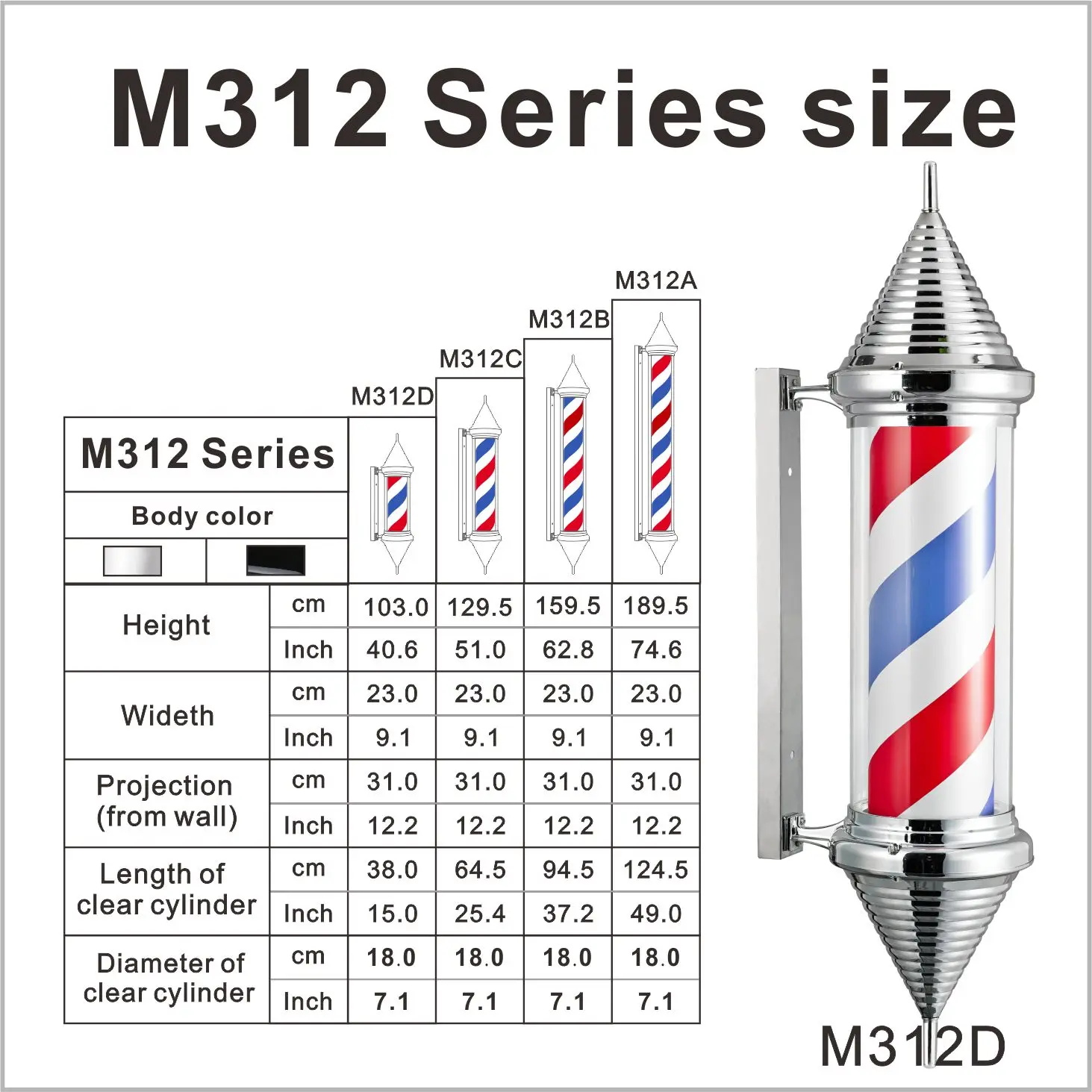 M312 Hair salon sign Large spiral shape Rotating barber pole lighting for barber shop