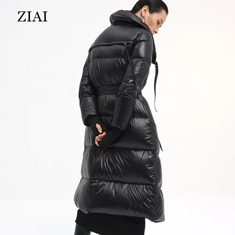 Женский Черный пуховик с перекрестным воротником и пряжкой