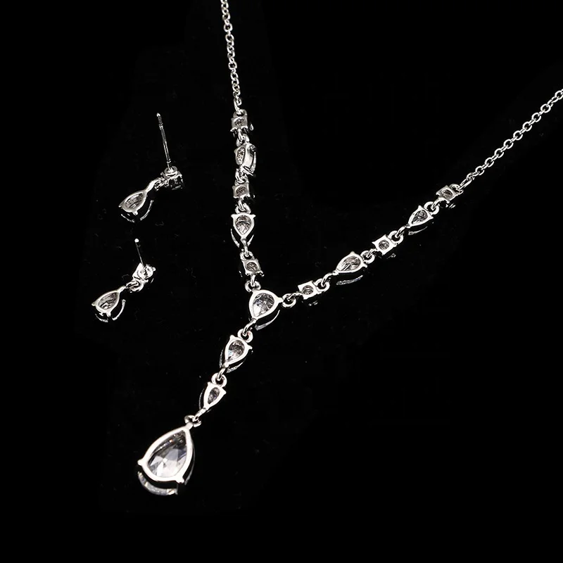 Elegant Women Wedding Jewellery Silver Plated Clear CZ Crystal Water Drop Diamond Bridal Necklace Earrings Jewelry Sets