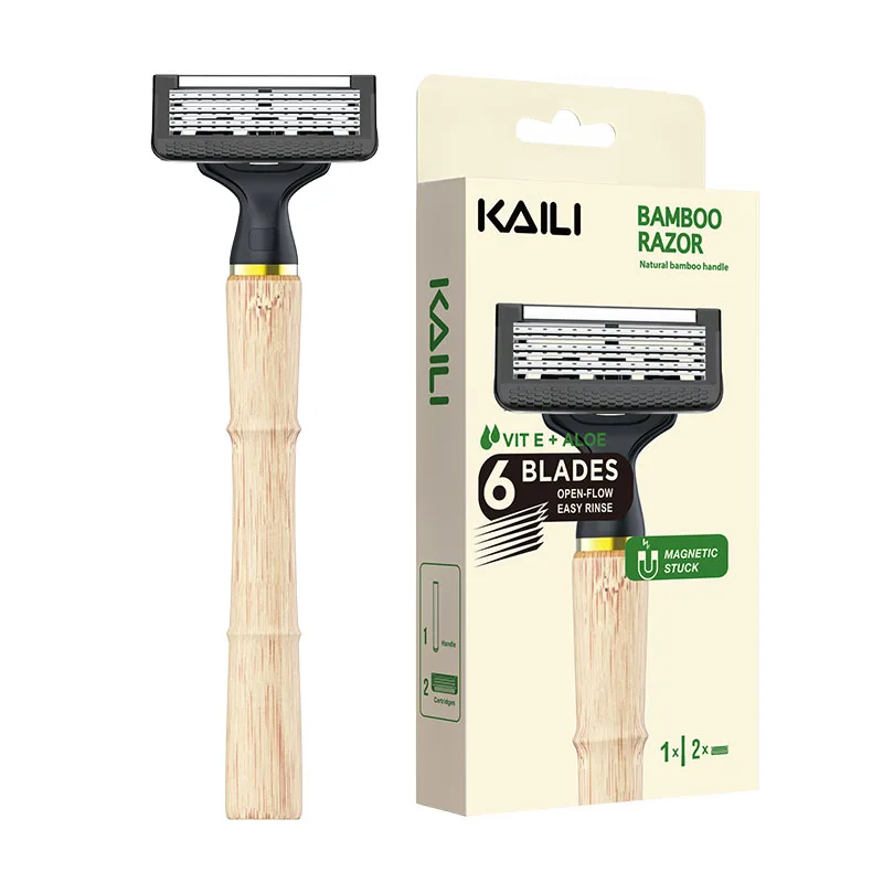 private label gift box packed shaving razor bamboo razor with 6 blades changeable cartridge natural eco razor