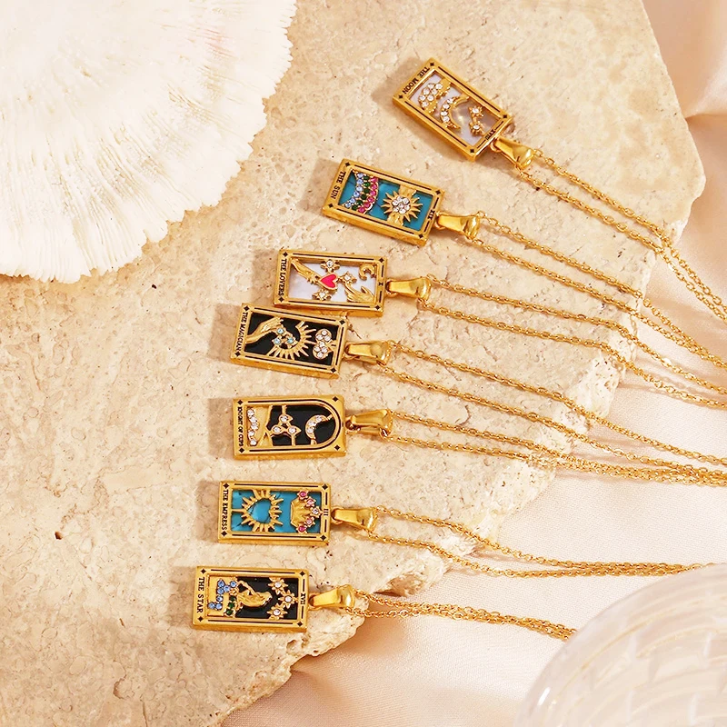 Colorful Square Mystic Divination Tarot Card Necklace Star Moon Sun Design Enamel Micro Zircon Tarot Amulet Pendant Necklaces