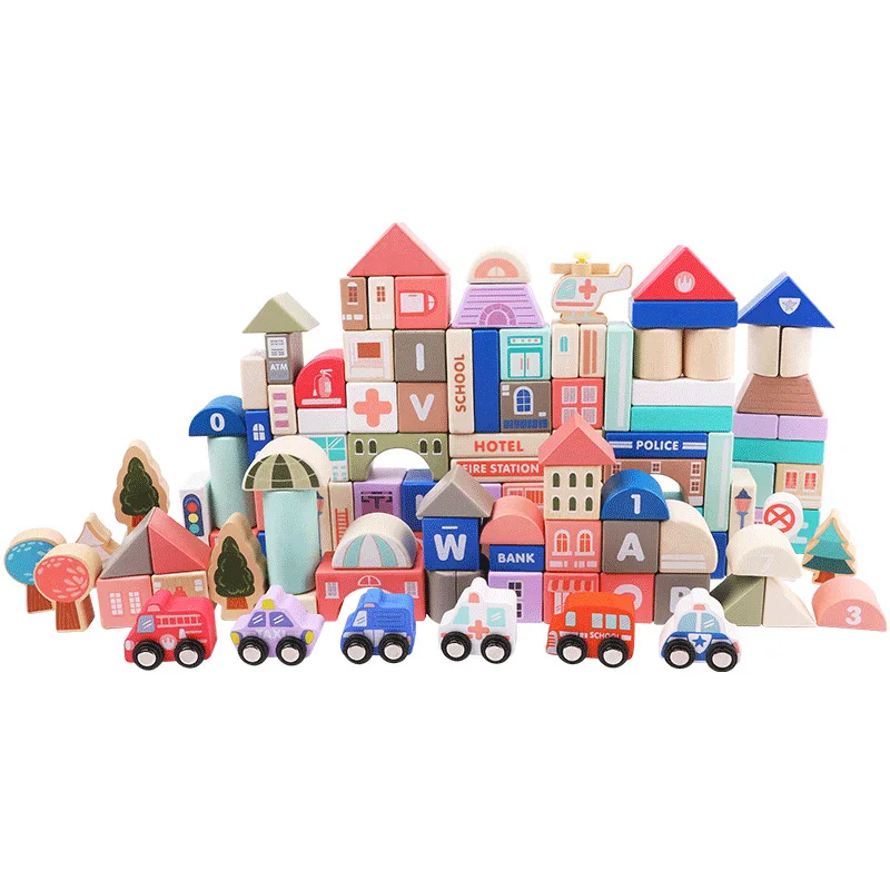 Wholesale Wooden Building Blocks Toy Macaron City Construction Blocks Educational Toy for Kids Montessori Urban Traffic Fun