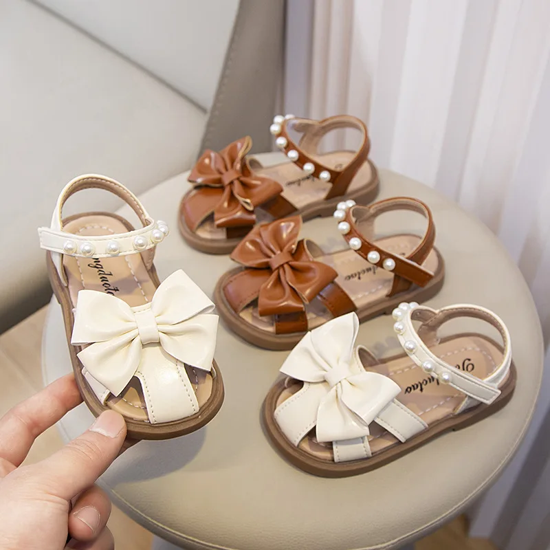 Wholesale Summer 2024 Hot Sale Lovely Children Shoes Princess Girls Shoes Kids Girls Bow pearl Flat Shoes
