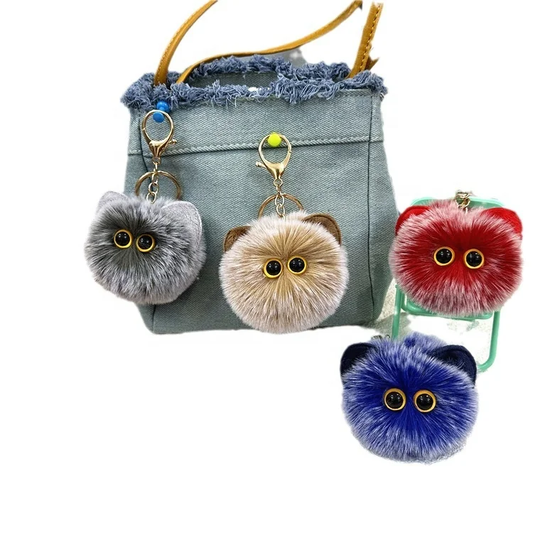 Cat Ball Key Chain Girls Hand Made Plush Doll Bag Cute Cartoon Pendant Accessories Car Pompom Fluffy Faux Fur Ball Keychain