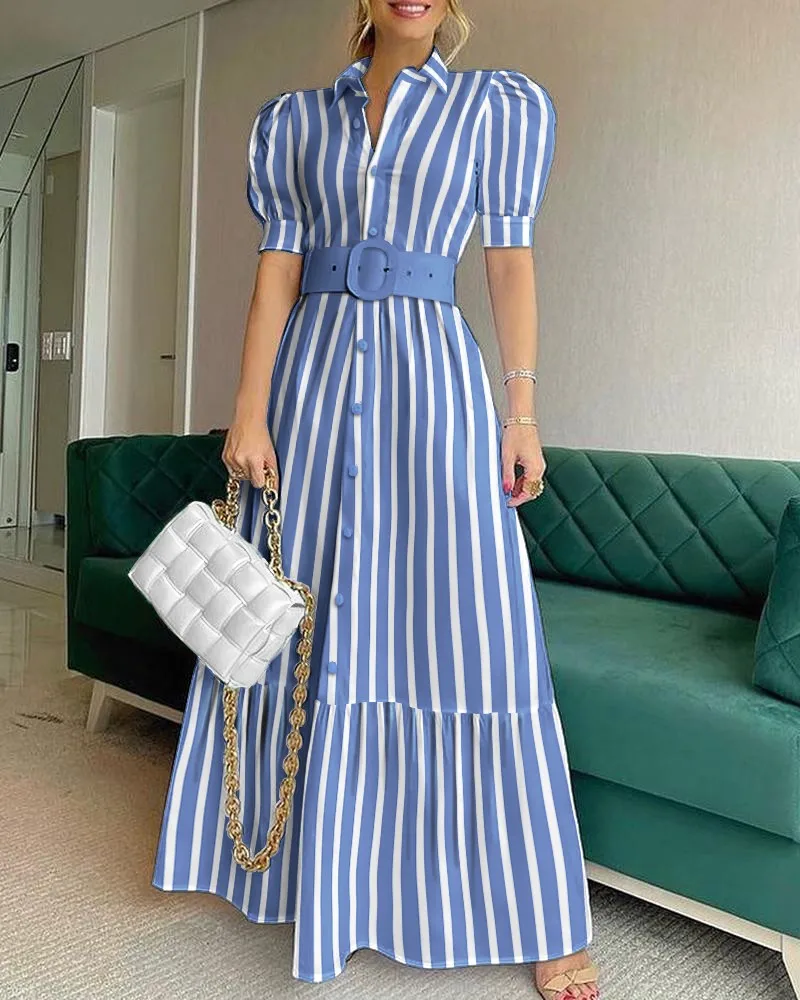 Summer Lapel button breasted puff sleeves casual high waist temperament dresses mid length is thin dress