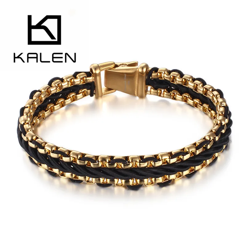 KALEN Fashion Gold Plating Stainless Steel Charm Bangle Leather Bracelet For Men KB76206-BD