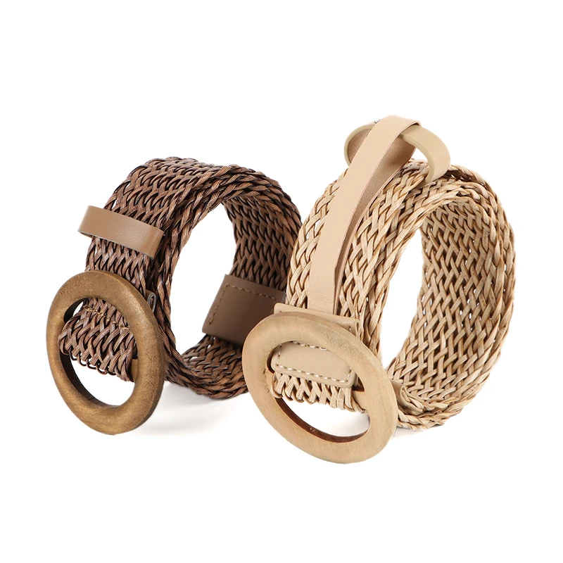 Women Pu Leather Braided Round Wood Buckle Belts Vintage Knitted Waist Belt Woven Elastic Belt For lady