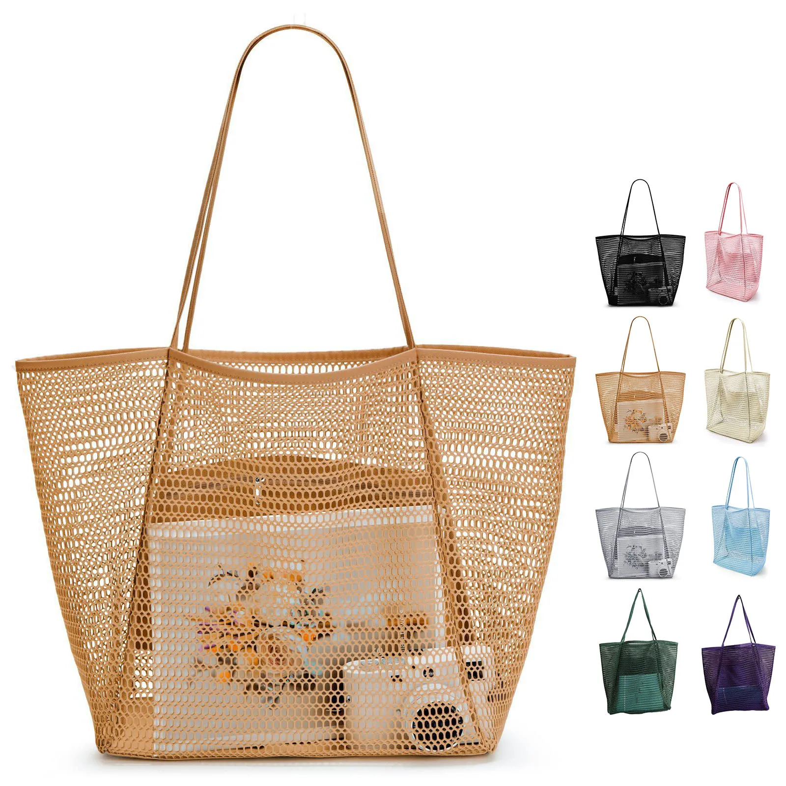 BB-001 Lightweight Foldable Mesh Beach Tote Bag with Zipper Pocket  Pool Bag for Shopping Picnic Travel