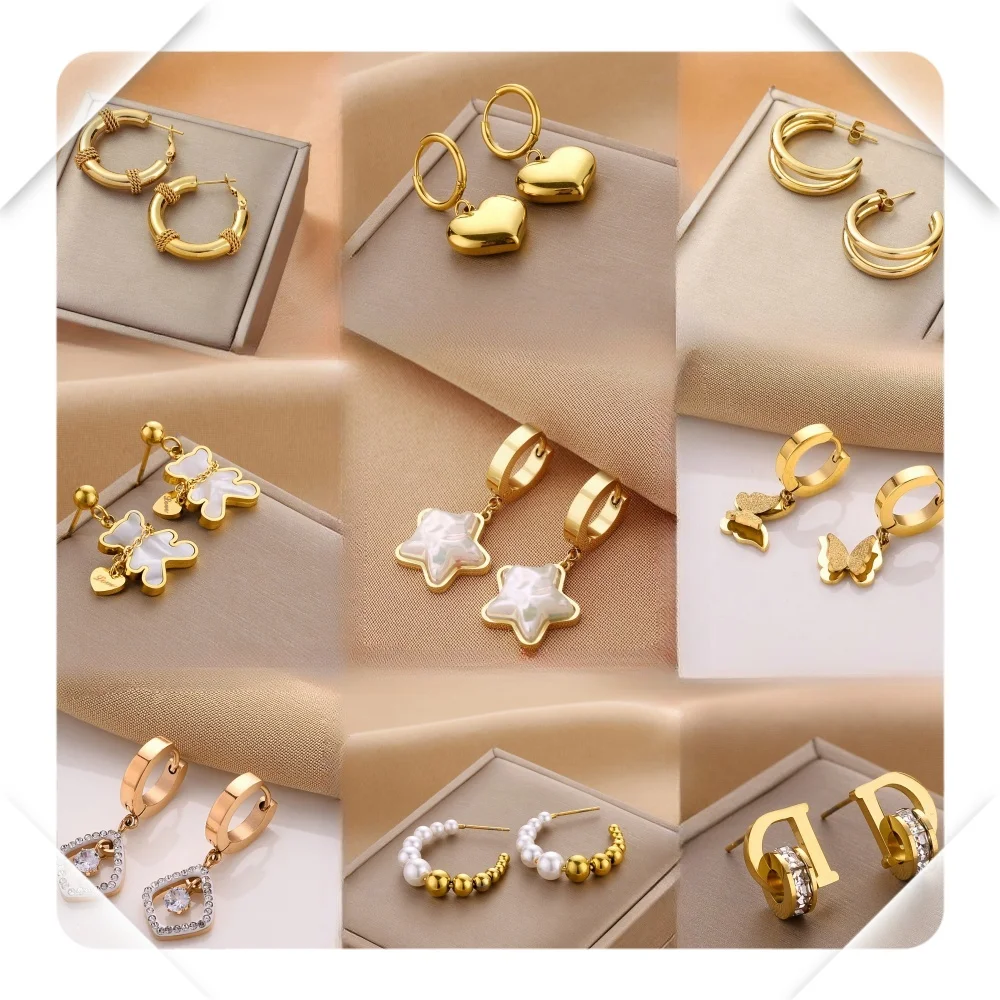 Hot sales Trendy Stainless Steel 18k Gold Pearl Zircon Heart Butterfly Twisted C Hoop Earrings Women Letter Flower  Earrings