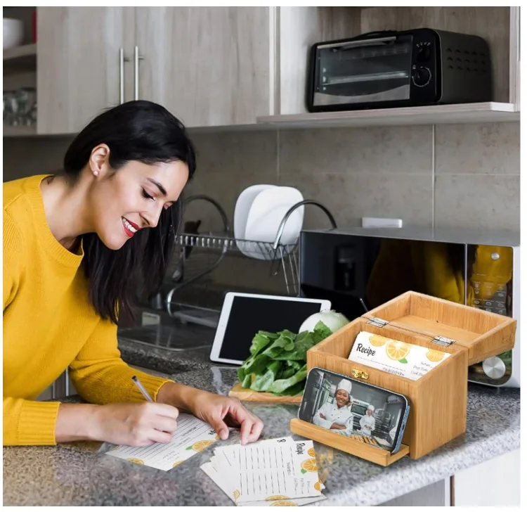 Bamboo Recipe Box Phone Holder Kitchen Recipe Card Organizer