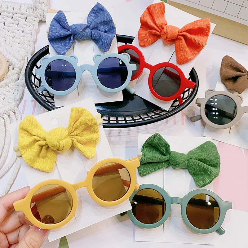 Kids Bow Hairband Glasses Set Solid Color Cute Summer Headband Sunglasses for Baby Girls Hair Accessories Gift 2Pcs