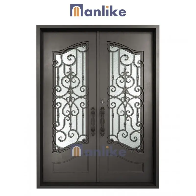 Anlike American Luxury Arches Glass Wrought Garden Guangzhou Safety Entry Main Exterior Double Iron Door Price