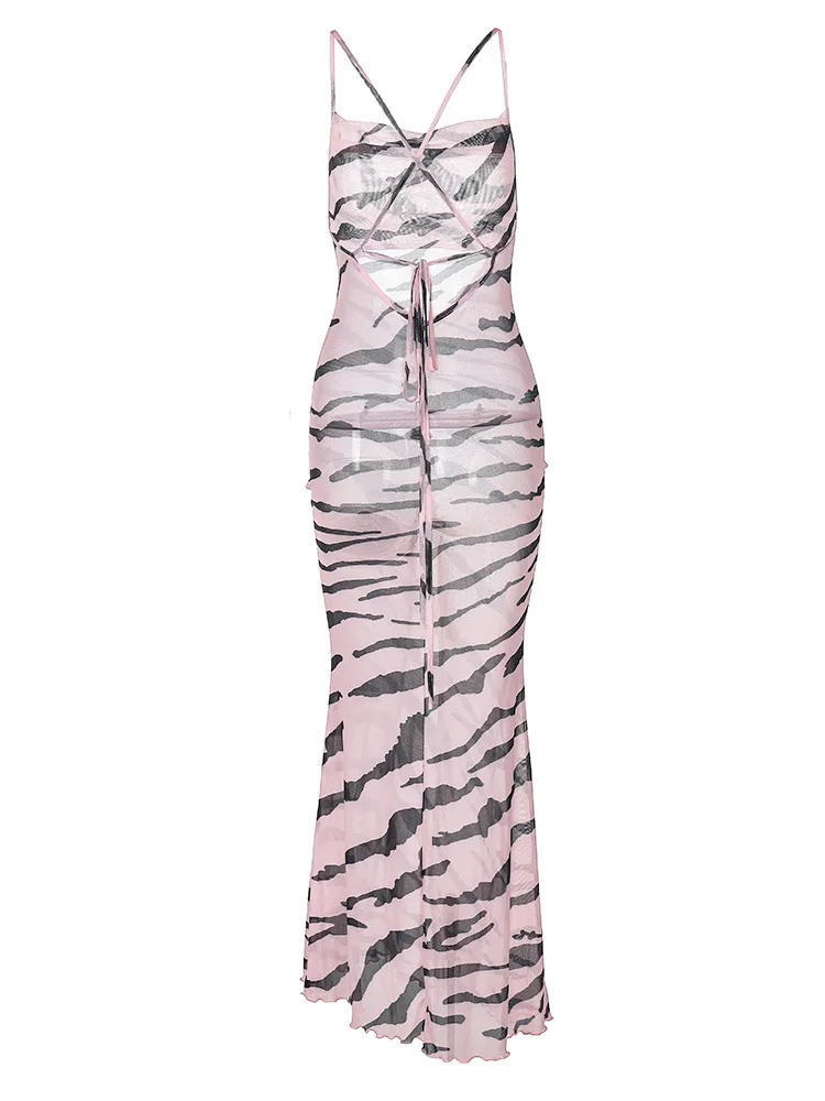 Summer Spaghetti Strap Lace Up Backless Pink Zebra Print Long Dress For Women See Through Mesh Beach Bodycon Maxi Dress