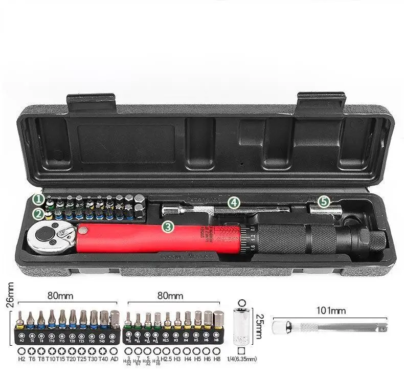 Latest Design Color 23 pcs Torque Wrench Bit Socket Set 1/4' 2-24nm Bike Repair Tool Kit Hand Tool Box