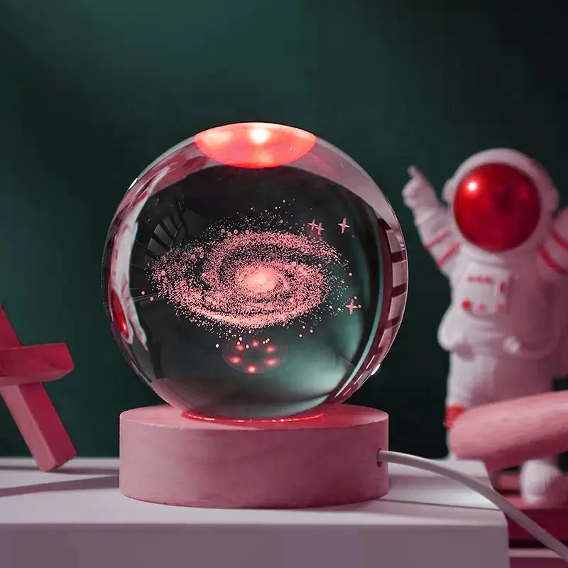 Crystal Ball Small Light Night 3D Engraved Axolotl Rose Moon Planet Galaxy Glass Ball with Wood Led Light for Home Decor