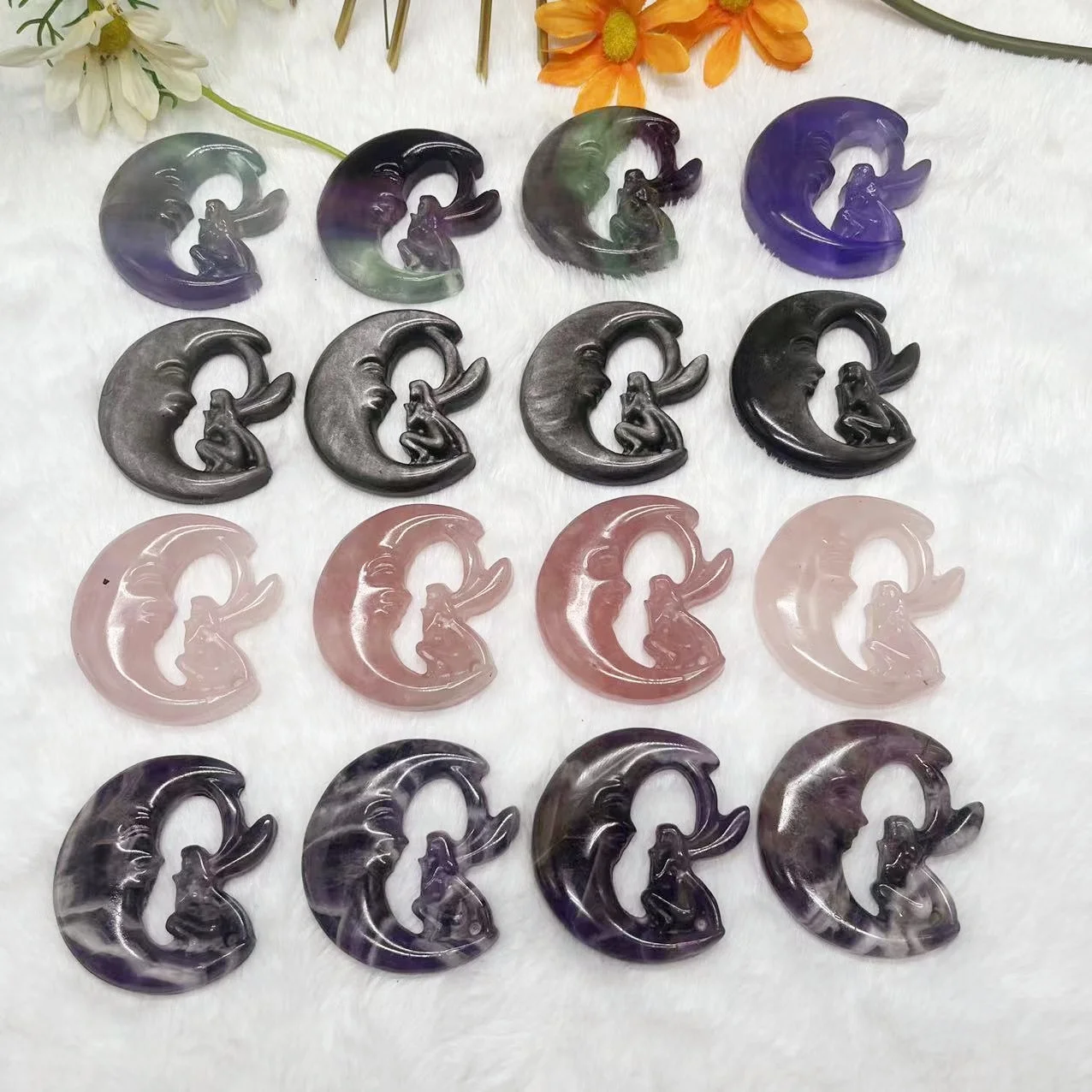 Bulk Wholesale Mix Crystal Moon Fairy Hand Carved Fluorite Rose Quartz Fairy Crystal Healing Fairy Crystal Carving