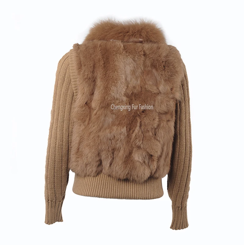CX-G-A-283C New Natural Rabbit Fur Jacket With Real Fox Fur Collar Real Rabbit Fur Coat In Stock