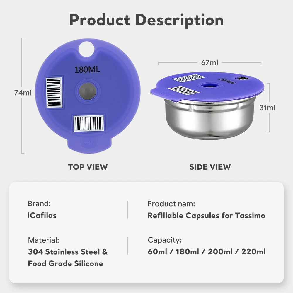 60/180/200/220ml Reusable Coffee Capsule Stainless Steel Refillable Filter Compatible with Tassimos the hottest design is coming