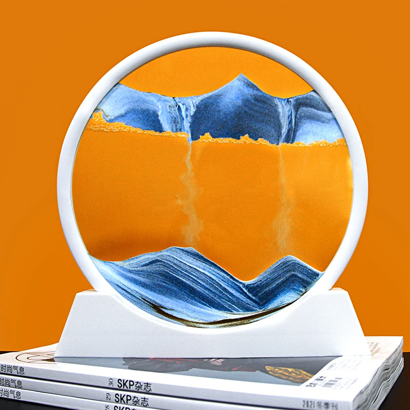 Wholesale Decorative Hourglass Mountain Sand Art Painting Round Glass And White Frame 3D Moving Sand Art Picture