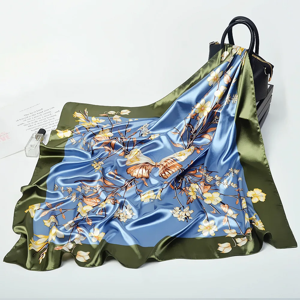 Модные шарфы для женщин, шаль, Женская бандана 90*90 см, Шелковый Атласный хиджаб с цветочным принтом, роскошный брендовый квадратный мусульманский шарф
