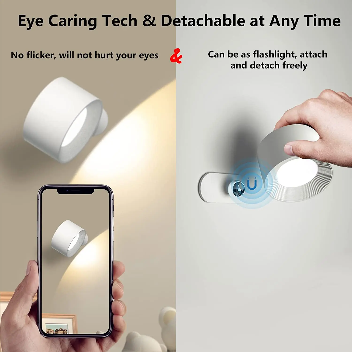 3 Color Modes Wall Lights Rechargeable Battery Operated 360 Rotate Cordless Wall Mounted Reading Lights Magnetic LED Wall Sconce