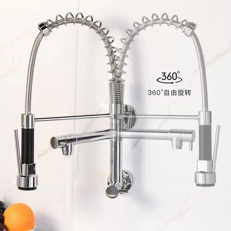 Chrome Kitchen Wall Mount Faucet Single Cold Water Free Rotation Pull Down Dual Spout Control waterfall wall faucet