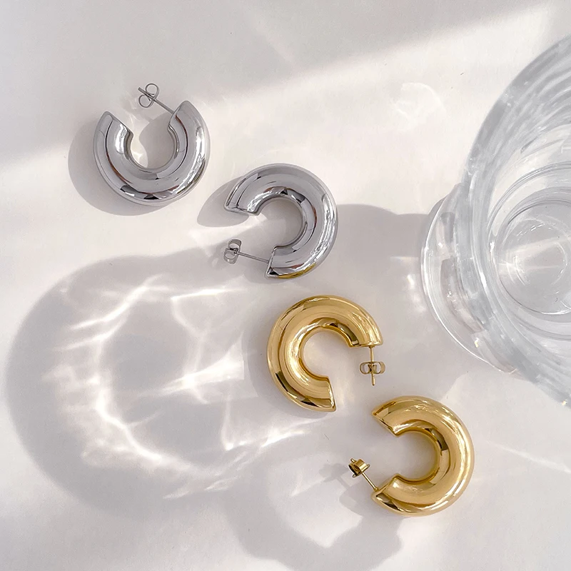 Ins 30mm 20mm Women Minimalist 18k Gold Plated Jewelry Hoop Earrings Thick Stainless Steel Hollow Circle C Shape Earrings
