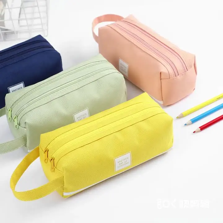 Large Capacity Double Layers Canvas Portable Pens Bag Multi-Functional Stationery Pencil Case